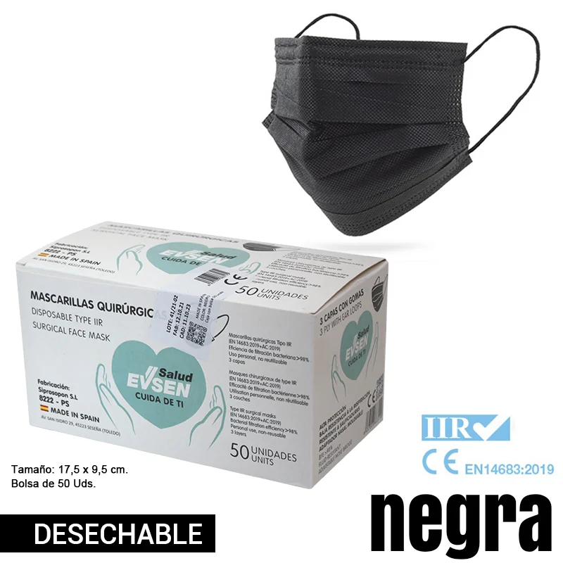 EVSGESA00001_main-20260207202037947-9862 MASCARILLA DE SEGURIDAD QUIRÚRGICA TIPO IIR DESECH. NEGRA 50 Uds. MASQNEG - Imagen 1