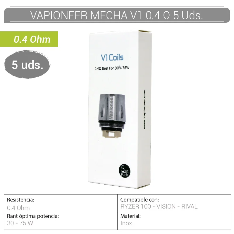 VAPGEVA00007_main-20260207215530077-3759 VAPIONEER MECHA V1 0.4 Ohm 30-75W 5 Uds. - Imagen 1